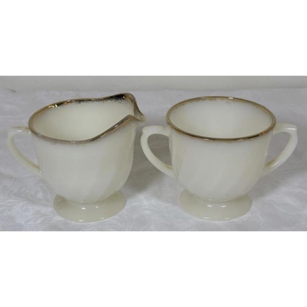 Fire-King Milk Glass Creamer & Sugar Set with Gold Trim, Vintage USA
